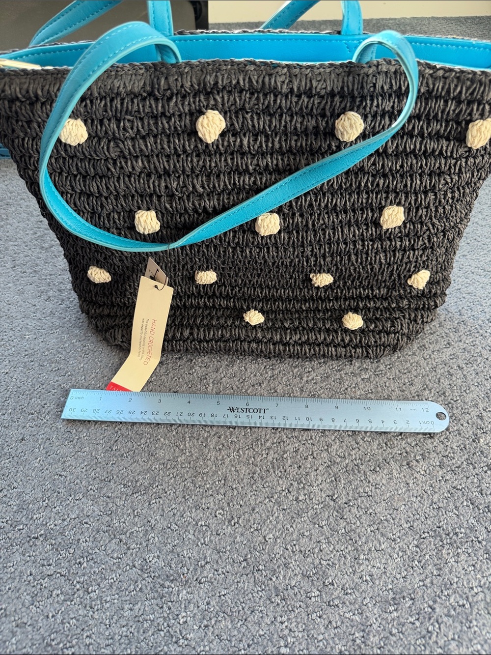 Talbots navy Woven Tote with Cream Dots and Turquoise Trim